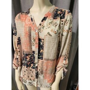 Sara Michelle Sheer Patchwork Floral Button Up Blouse Womens PL Boho Hippie Chic